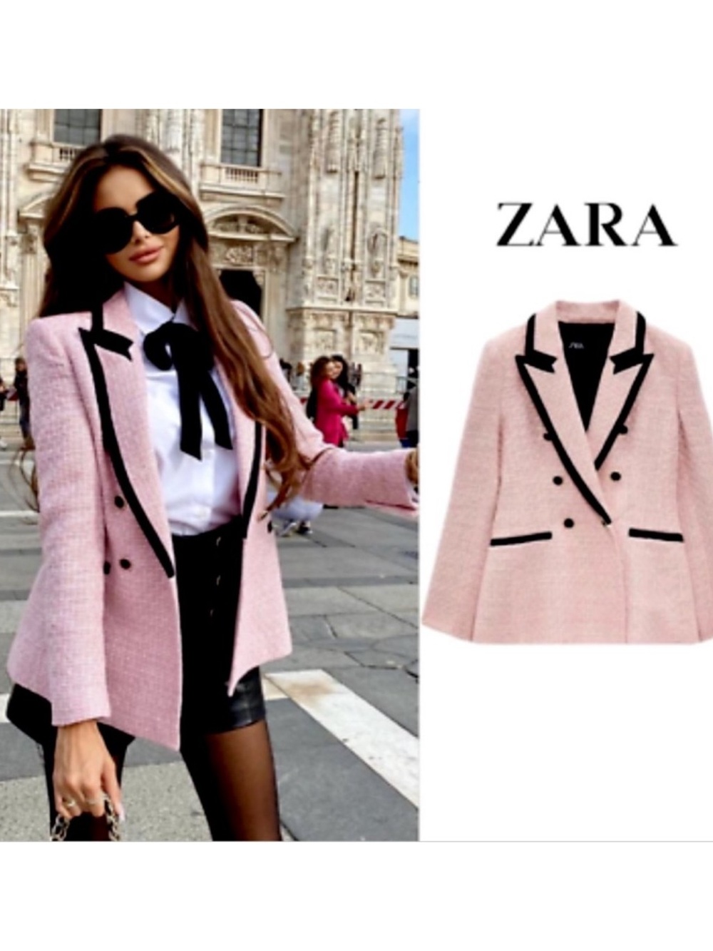 Zara Pink Tweed Double Breasted Blazer Black Piping Structured M
